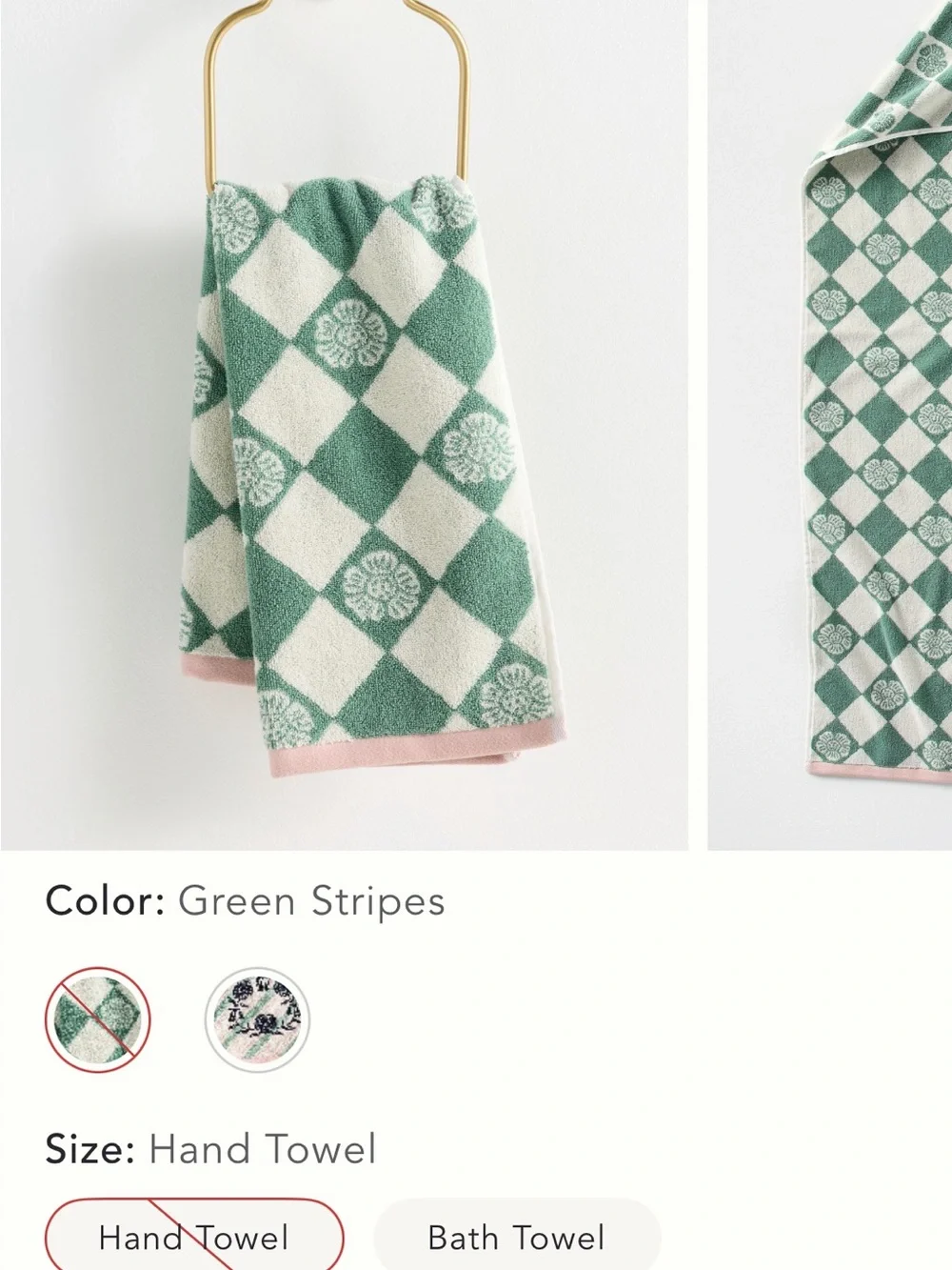 Anthropologie Hand Towel - Green Check Pattern with Pink Trim
